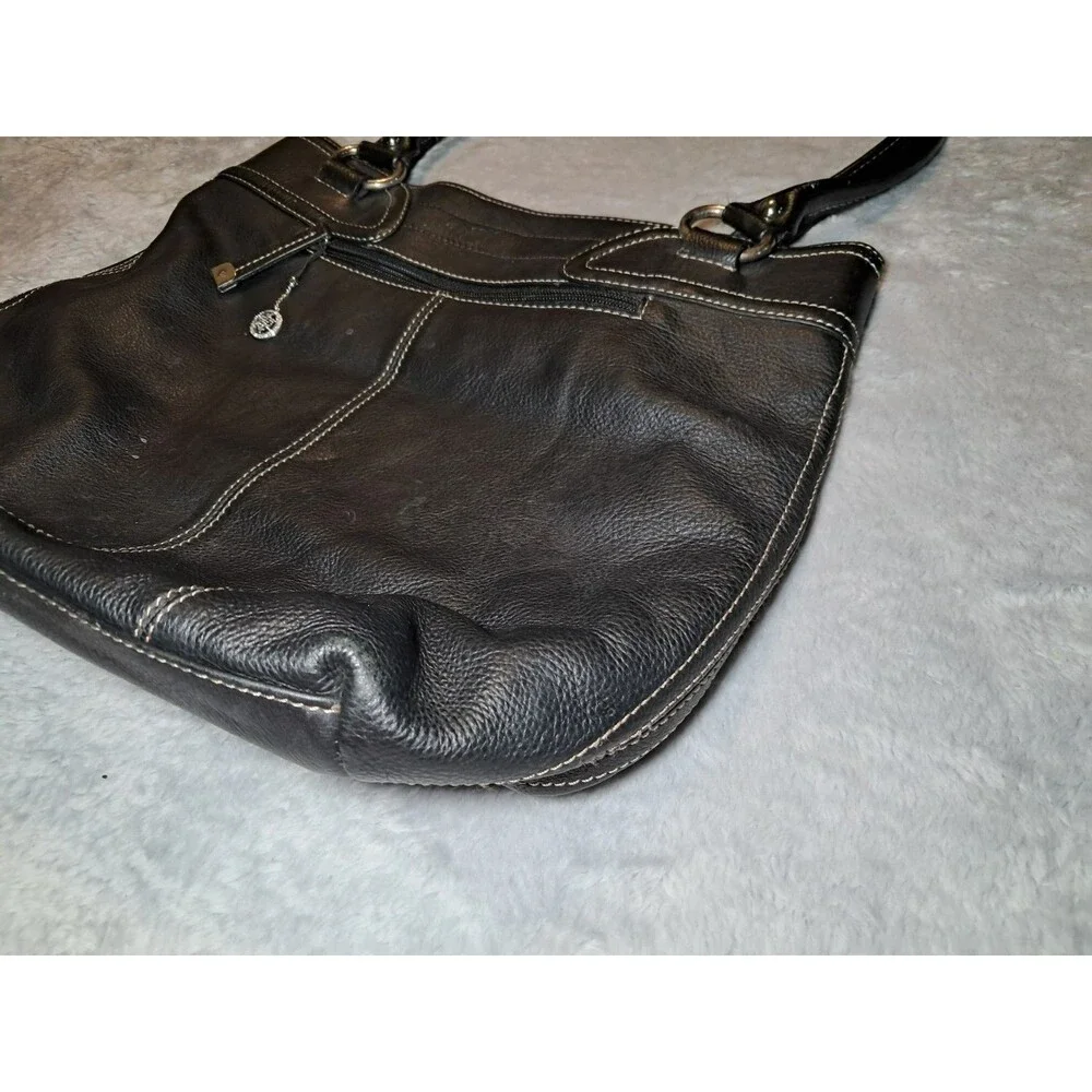 Sophia Caperelli Black Genuine Leather Purse Handbag Tote Stitching Pockets